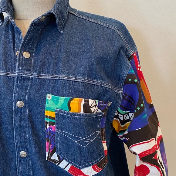 Absolutely No! Jeans Womens Vintage Denim Shirt w Bright Pattern Sleeves /Size S - Picture 2 of 9
